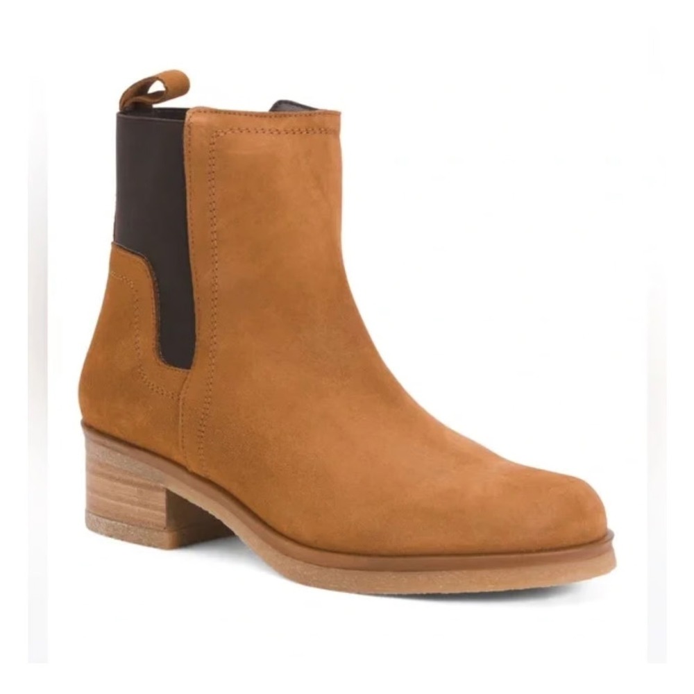 Avellini Tan Suede Chelsea Ankle Boots Round Toe Block Heel Size 37 Brown